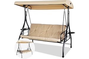 GARTOO 3-Seat Outdoor Large Porch Swing with Converting Canopy, Patio Hammock Lounge Swing Chair for Porch, Backyard, Poolside, Adjustable Shade & Removable Cushions(Khaki)