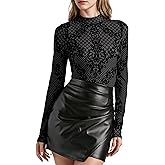 QiuDumo Women Summer Cute Long Sleeve Bodysuits Mock Neck Semi Sheer Mesh Flower Prom Shirt Date Night Outfit Leotard