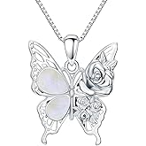 MILKYX Butterfly Rose Rainbow Genuine Moonstone Necklace for Women 925 Sterling Silver Pendant with Natural Gemstone June Birthstone Gift Elegant Jewelry