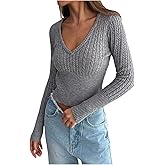 Floerns Women's Casual V Neck Textured Sweaters Knitted Fall Slim Fit Pullover Tops