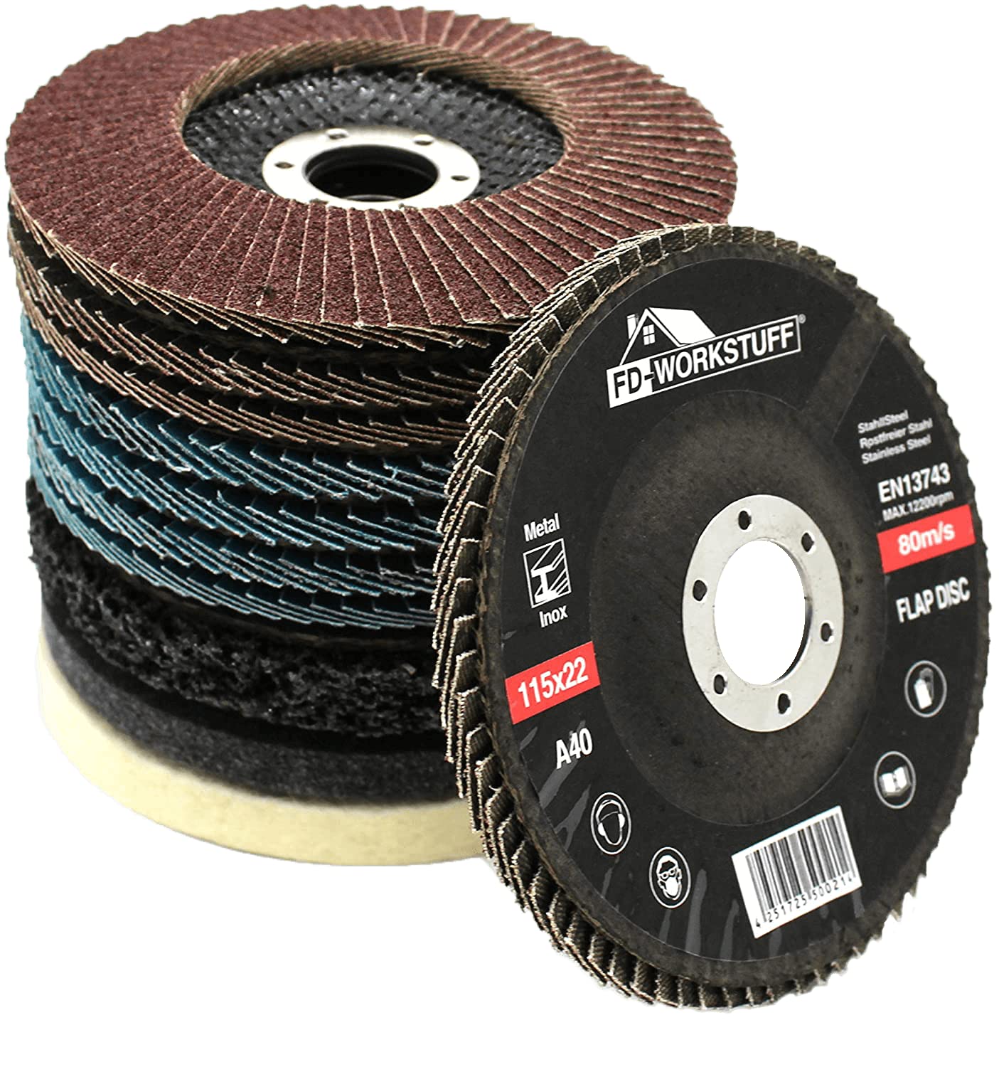 Professional flapdisc and polishing set 11 parts, diameter 115 mm, flap washer 4 x blue (inox), 4 x brown (standard), grain 40/60/80/120, 1 x coarse cleaning disc, 2 x polishing discs