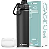 SASEUM Sport Water Bottle 22oz Stainless Steel Double Wall Vacuum Thermal Mug with Leak Proof Spout Lids, Wide Mouth Metal Insulated Water Jug for Gym and Travel（Black）