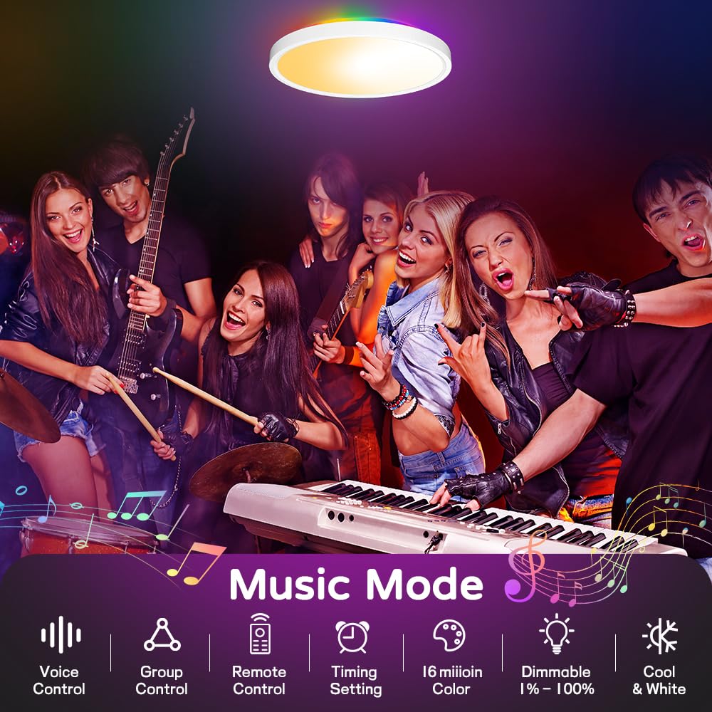 Digiray LED Smart Flush Mount Ceiling Light Fixture with Remote Control, 12 Inch 30W RGB Modern Ultra-Thin Round Close to Ceiling Light 2700K-6500K 3 Color for Bedroom Kitchen Living Room Hallway