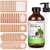 50 Pcs Castor Oil Pack with Castor Oil Organic Cold Pressed Glass Bottle 8oz, Cotton Caster Oil Wrap for Waist Back Neck Arm,