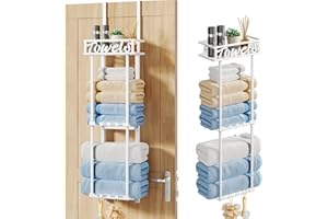 HapiRm Towel Rack Bathroom Storage - 3 Tier Over The Door Towel Rack with Metal Shelf Basket and 6 Hooks, Wall Mount Towel Holder, Rolled Towel Organizer for Small Bathroom (White)