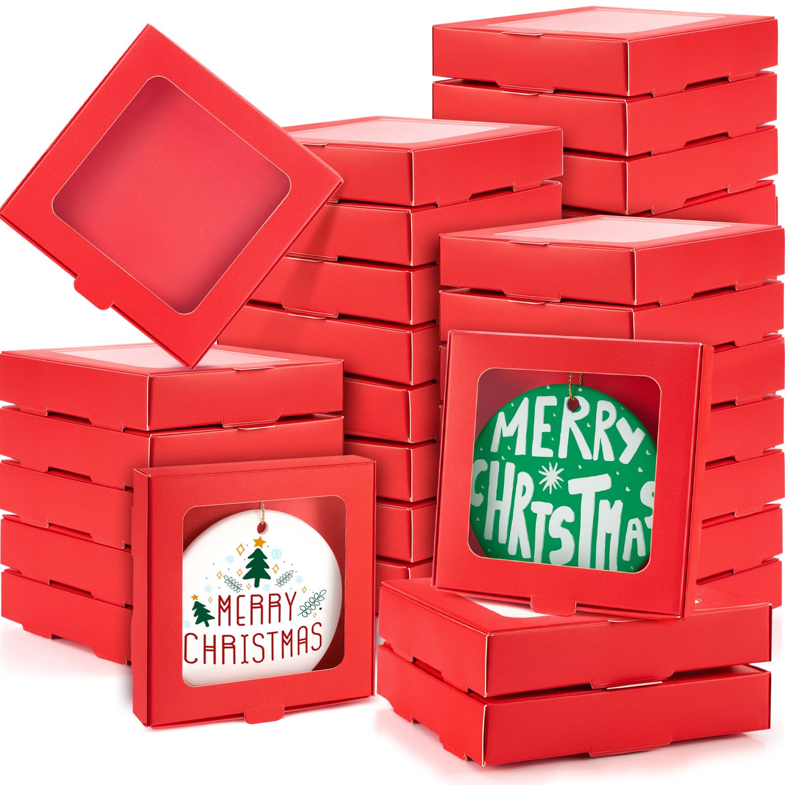 Photo 1 of Dunzoom 50 Pcs Sublimation Ornament Blanks Box 3.6"x3.6"x0.7" Christmas Ornaments Holder Ceramic Discs Packaging Box with Window for Personalized Xmas Tree Blanks Bulk (Red)