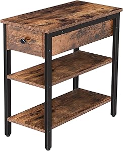 HOOBRO Nightstand, 3-Tier Narrow End Table with Drawer and 2 Storage Shelves, Industrial Side Table for Small Space, Living Room, Bedroom, Office, Stable and Sturdy Accent Table, Rustic Brown BF84BZ01