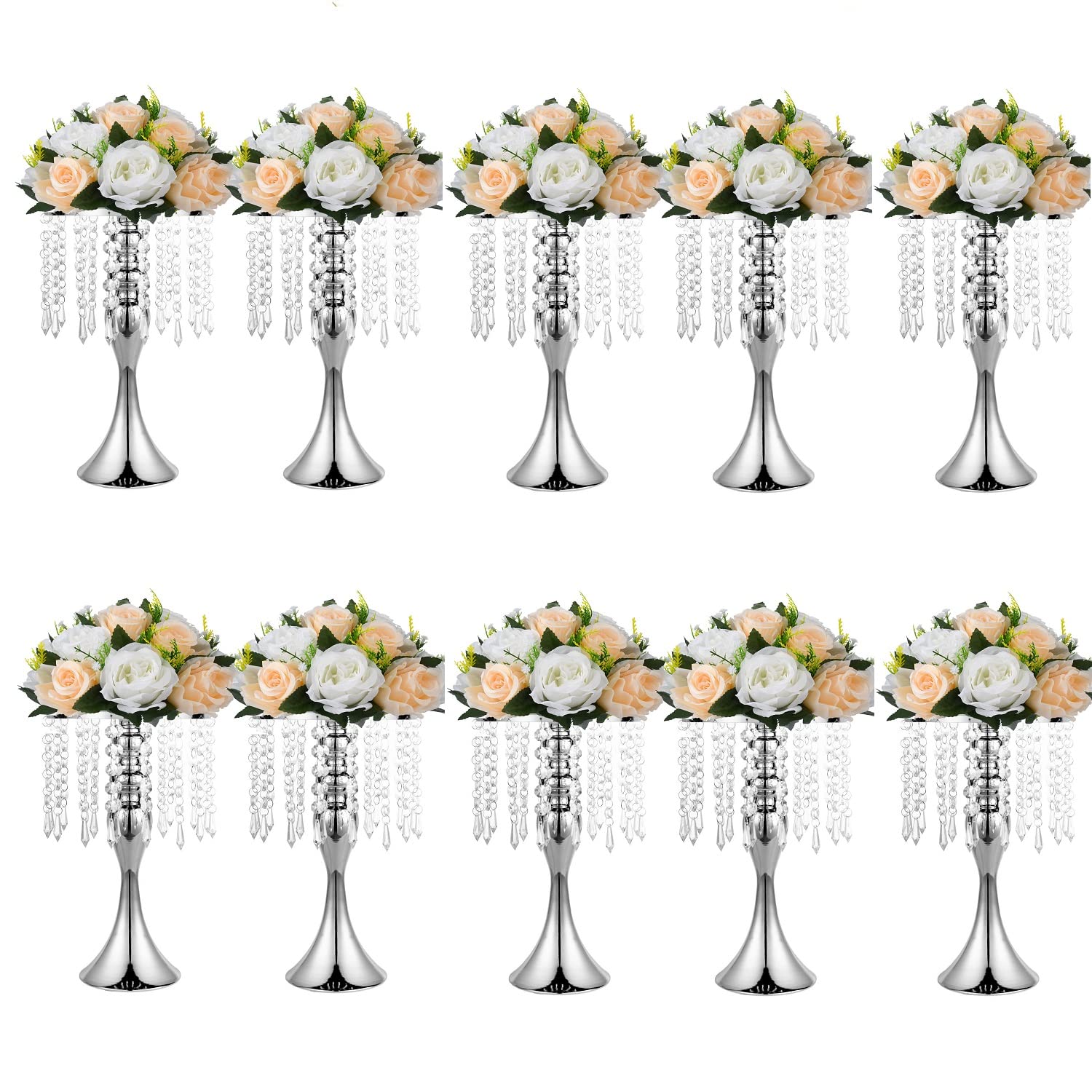 Photo 1 of 10pcs Silver Vases for Centerpieces Crystal Tabletop Metal Flower Vase Stand for Anniversary Ceremony Party Birthday Event Home Decorations