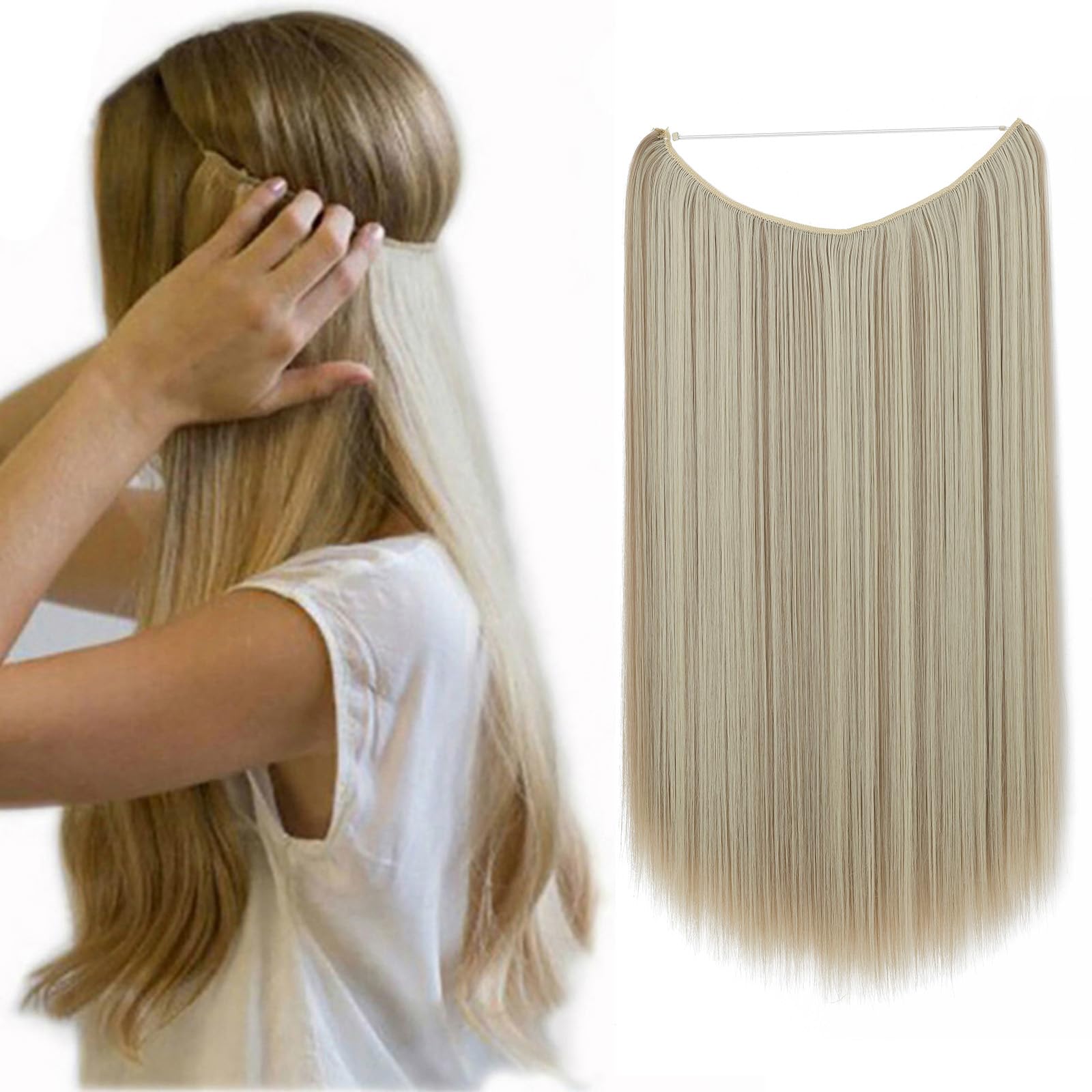 Invisible Secret Hidden Wire in Hair Extensions 20 Inches Long Straight Synthetic No Clip in Hairpieces Miracle Translucent Fish Line Ombre 2 Tone Sandy Blonde mix Bleach Blonde