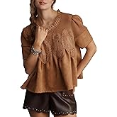 Wefebi Women's Lace Detail Faux Suede Peplum Swing Tops Short Sleeves Crew Neck Babydoll Blouse