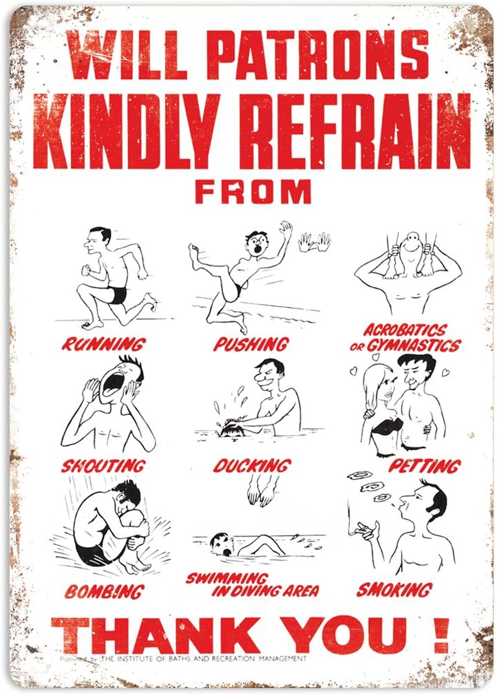 Oldschool Swim Sign - Retro Swimming Pool - Metal Wall Sign Plaque Art Inspirational, red|white|brown|beige