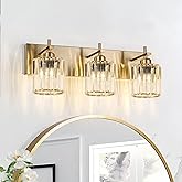 HUOKU Modern Crystal Bathroom Vanity Lights, Gold 3-Lights Bathroom Light Fixtures Over Mirror, Crystal Wall Lighting with Po