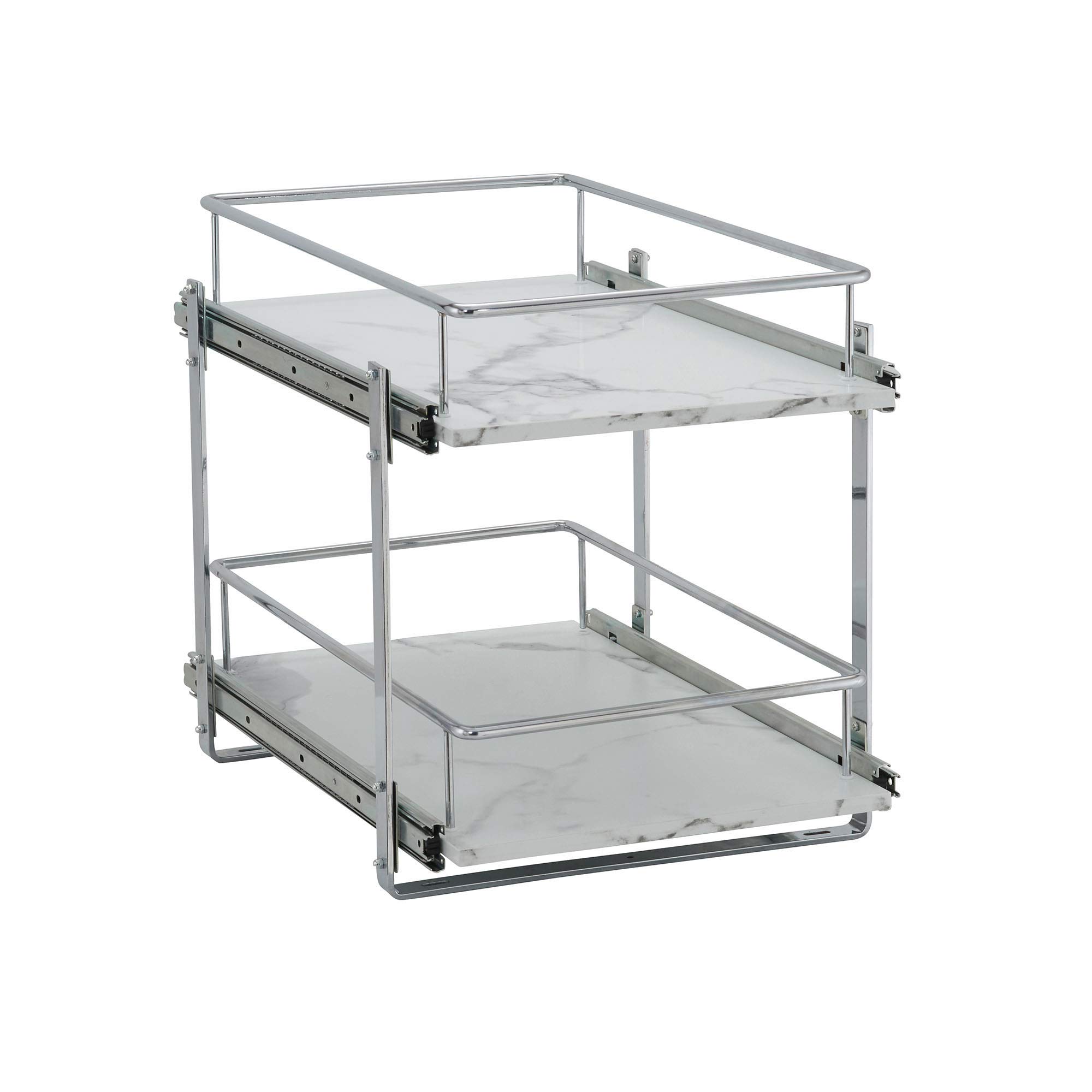 Household Essentials Glidez Chrome-Plated Steel and Faux Marble Pull-Out/Slide-Out Storage Organizer for Under Cabinet Use - 2-Tier Design - Fits Standard Size Cabinet or Shelf, White and Chrome
