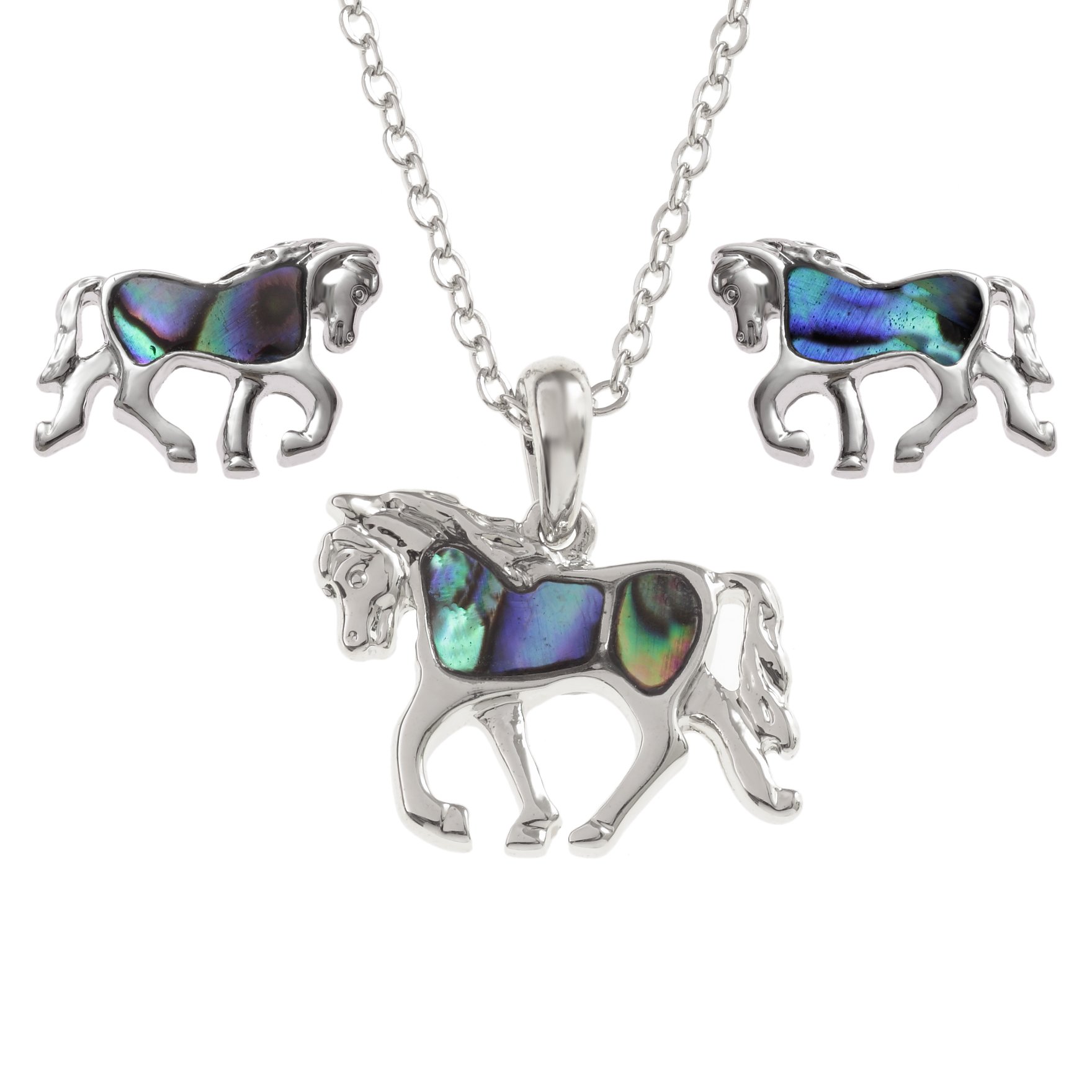 Kiara Jewellery Horse Boxed Pendant Necklace And Stud Earring Set Inlaid With Natural Bluish Green Paua Abalone Shell on 18" Trace Chain. Non Tarnish Silver Colour Rhodium plated.