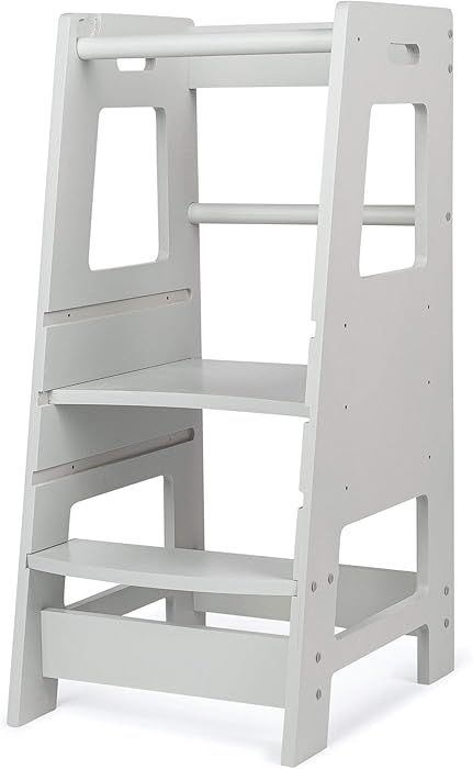 KidzWerks Child Standing Tower - Grey Child Kitchen Step Stool with Adjustable Standing Platform - Wooden Montessori Standing Tower - Kid's Step Stool