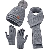 Womens Beanie Hat Scarf Gloves Set,Fleece Lined Winter Hat with Pom Pom,Long Knit Scarf Touchscreen Gloves for Cold Weather