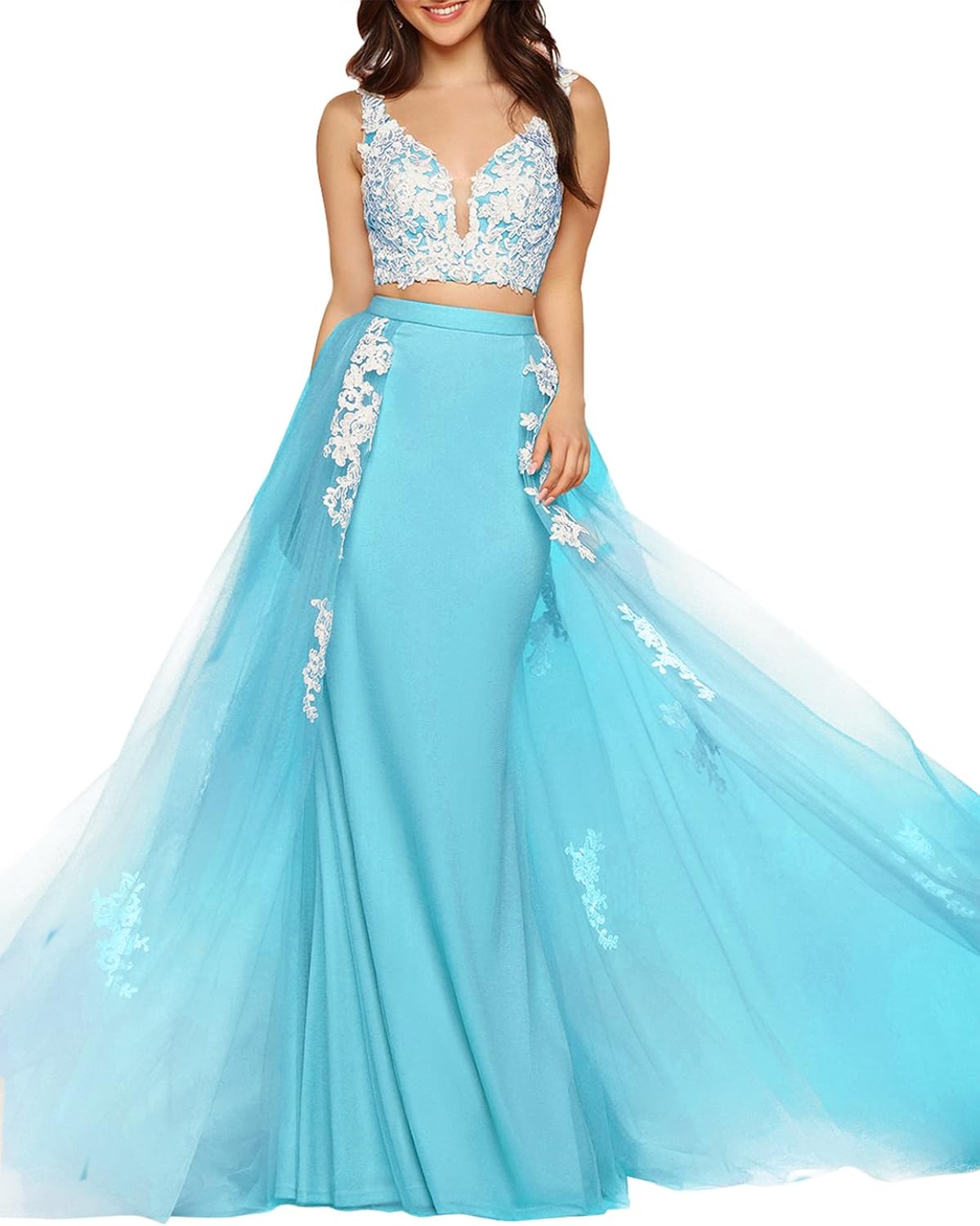 teal two piece prom dress
