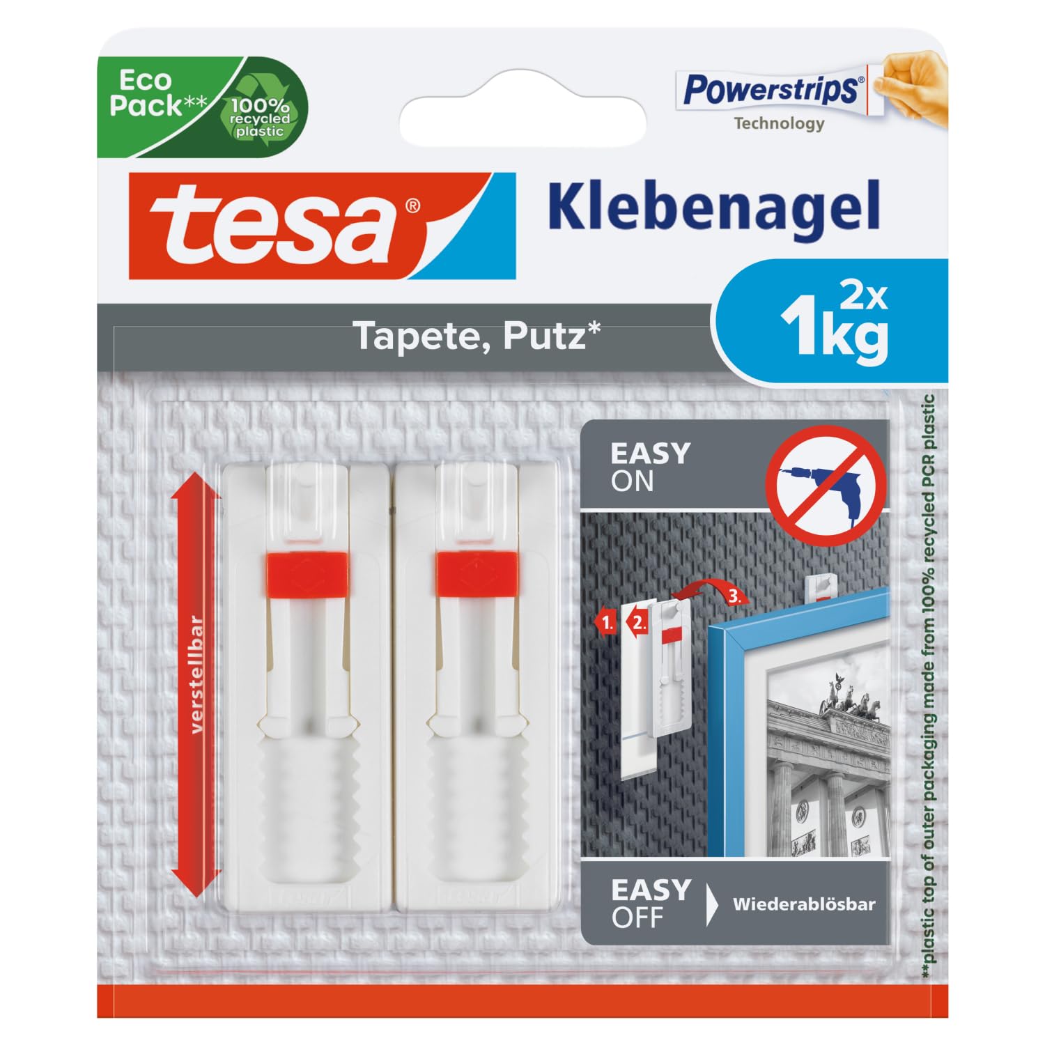 tesa Adjustable Adhesive Nail for Wallpaper and Plaster 1kg - Height Adjustable No Nails Picture Hanger - Pack of 2 Adhesive Nails and 3 Strips