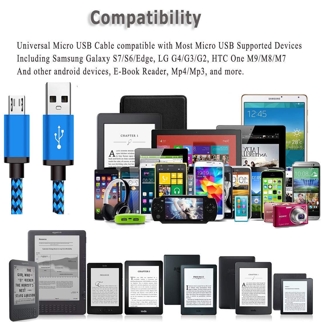 2Pack 6.6Ft Micro USB Charger Fast Cable Compatible for Samsung Galaxy A6 S6 S7 Edge Active S4 S3 Note 5 2 J3 J5 J7 J8 J1 Core Prime Grand Alpha Amp prime 2 3 Tab Droid Turbo, Moto G3, G4, G5 Plus