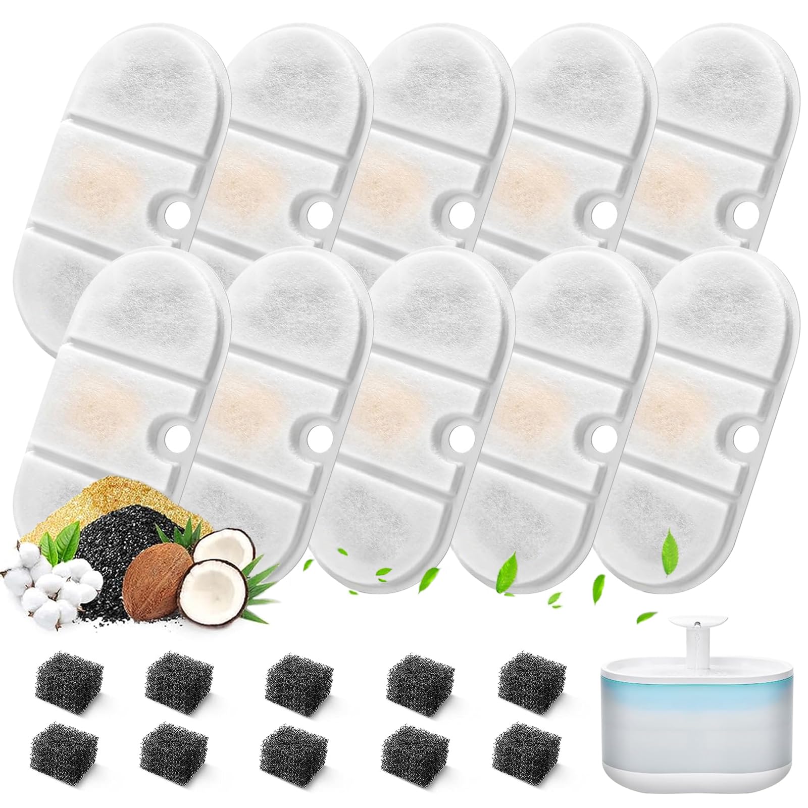 10 Packs Pet Water Fountain Filter Compatible with 2.1L Cat PLWF002 - Replacement Set with Activated Carbon and Foam Sponge (10pcs Each)