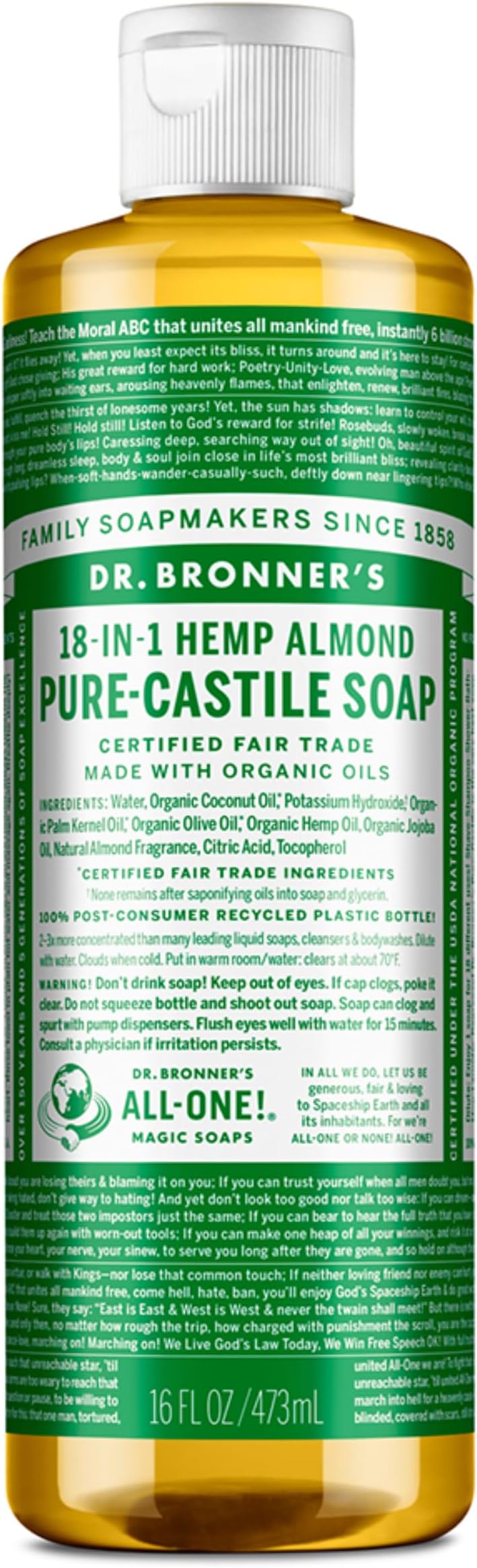 Dr. Bronner's Almond Organic Castile Liquid Soap 473ml - 18 in 1