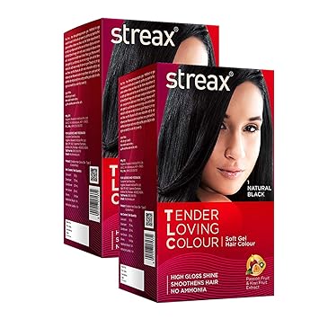 Streax Tender Loving Colour (TLC) | Soft Gel Hair Colour for Women & Men | No Ammonia Formulation | Enriched with Kiwi and Passion Fruit Extracts | Natural Black | Pack of 2-95ml