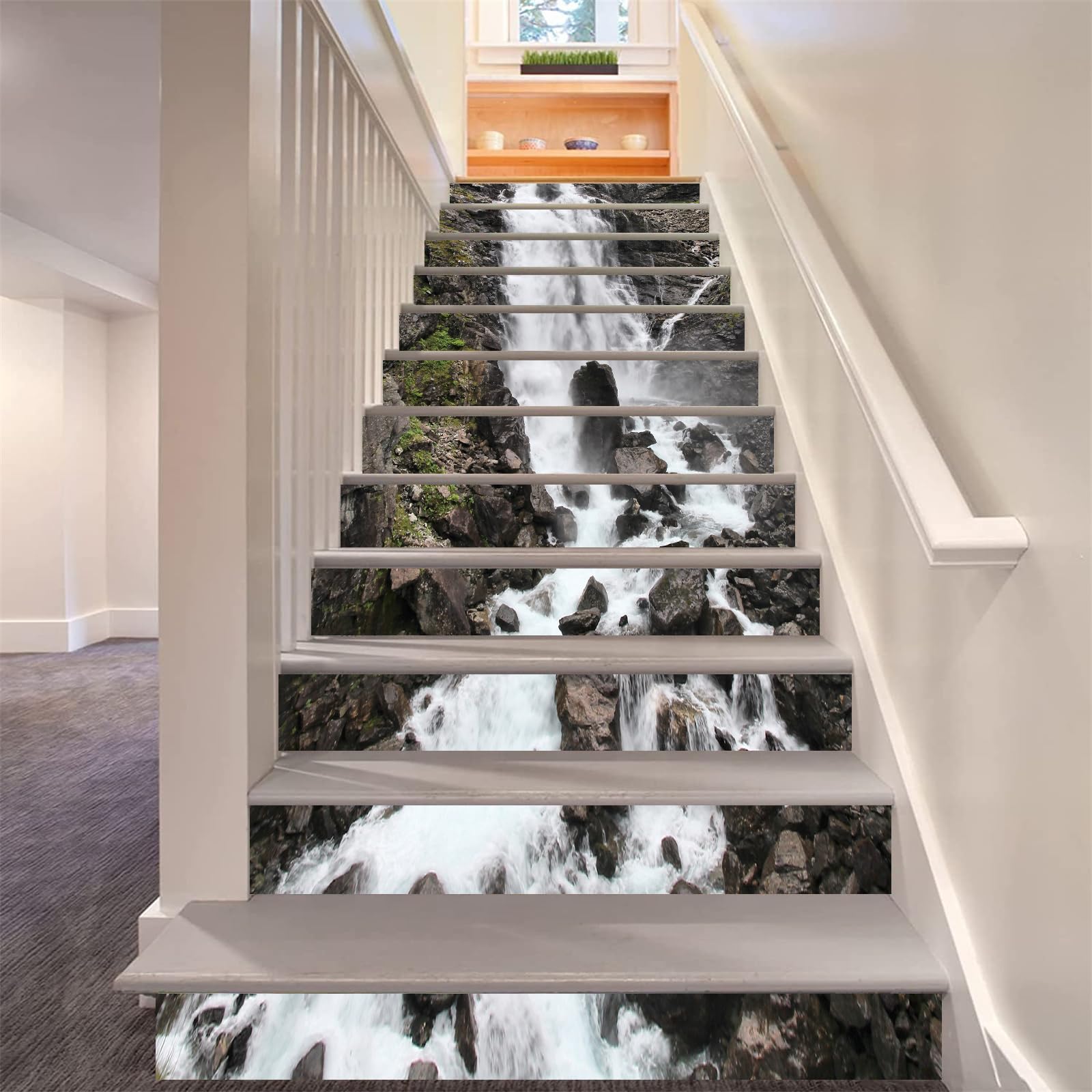 FLFK 13Pcs Stair Risers Stickers Peel and Sick 39.37"x7.08", Vinyl Staircase Stickers Decals, Rock Waterfall Stone Mural Wallpaper for Stair Steps
