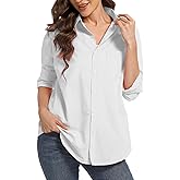 Womens Button Down Shirt, Long Sleeve Loose Fit Cotton Blouses for Womens, Oversized Blouses Tops Casual with Pockets White M