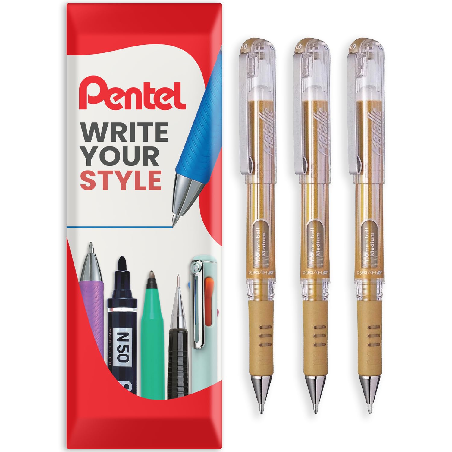 Pentel K230 Hybrid Gel Grip Metallic Pen - 1.0mm Rollerball - Metallic Gold - Pack of 3 in Envelope Gift Packaging