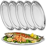 Meyeyaia 6 Pack Stainless Steel Oval Platter, Mirror Polish Large Sizzle Platter Metal Serving Tray Fish Plates, Heavy Duty Silver Tray for Steaming Fish Dessert Meat Sushi (13.7" x 8.5")