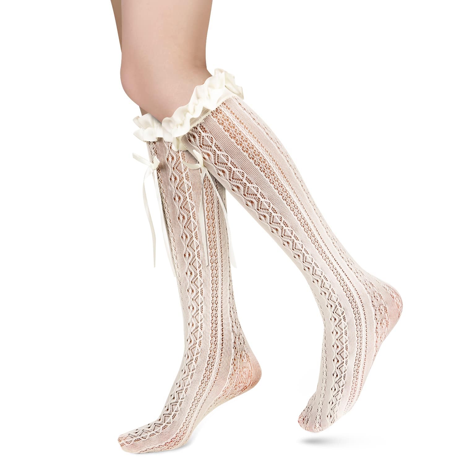 Photo 1 of Benefeet Sox Womens Creamy White Fishnet Knee High Socks Girls Cute Lace Ruffle Knee Socks with Bow Hollow Out Frilly Stockings Sexy Sheer Mesh Trouser Socks Calf Socks Lolita Socks