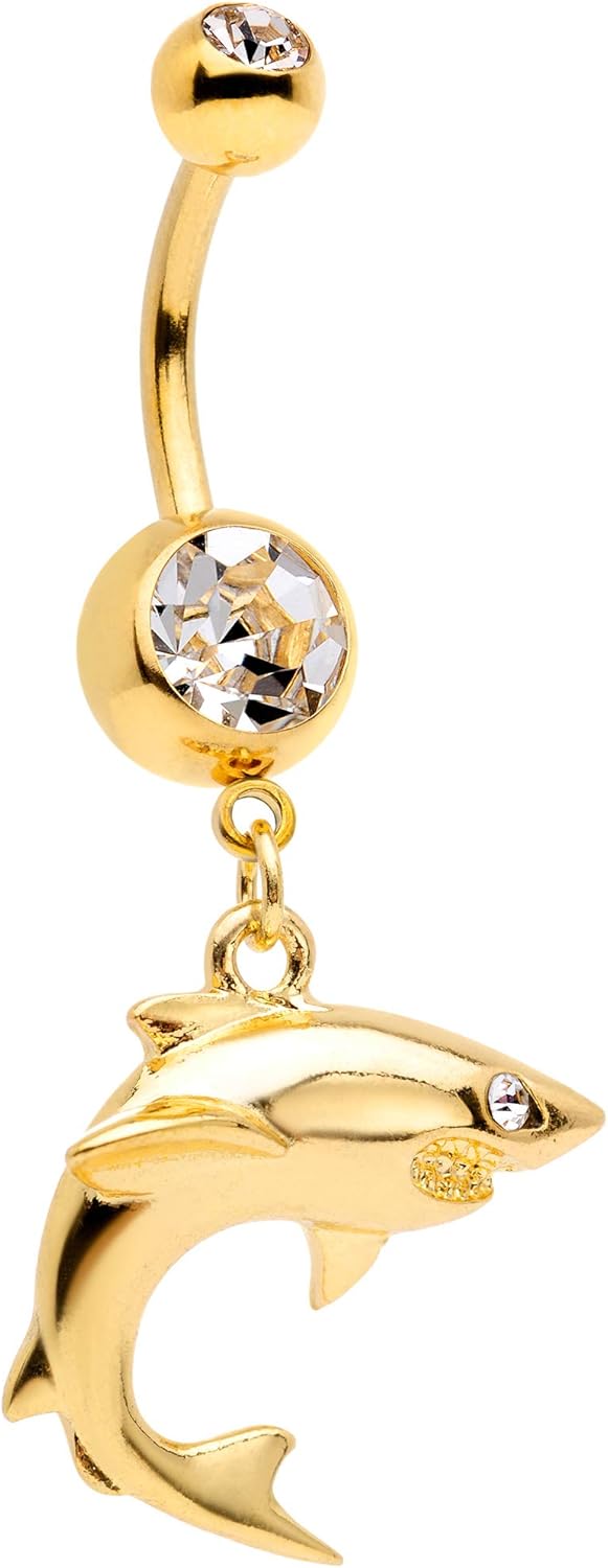 Body Candy Womens 14G PVD Steel Navel Ring Piercing Clear Accent Swim Shark Dangle Belly Button Ring