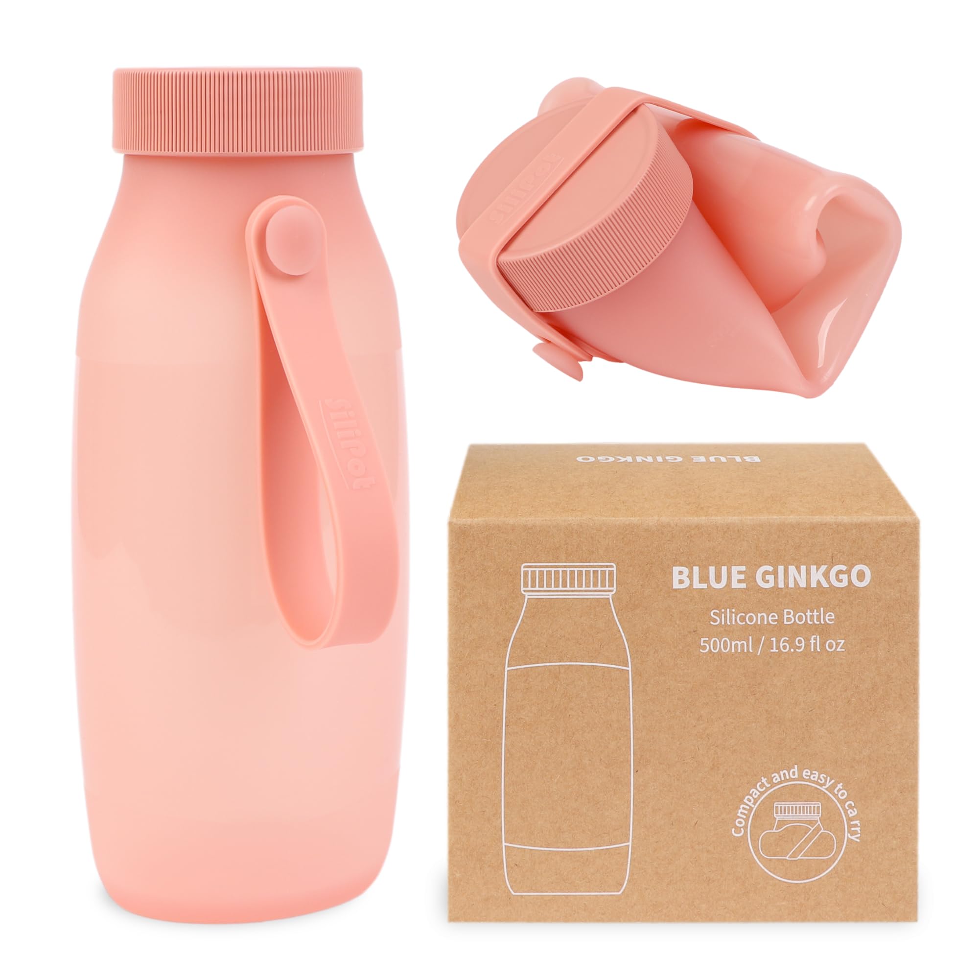 BLUE GINKGO Collapsible Water Bottle – Lightweight, Foldable Silicone Bottle for Travel, Hiking, and Camping (500ml, Made in Korea, Pink)
