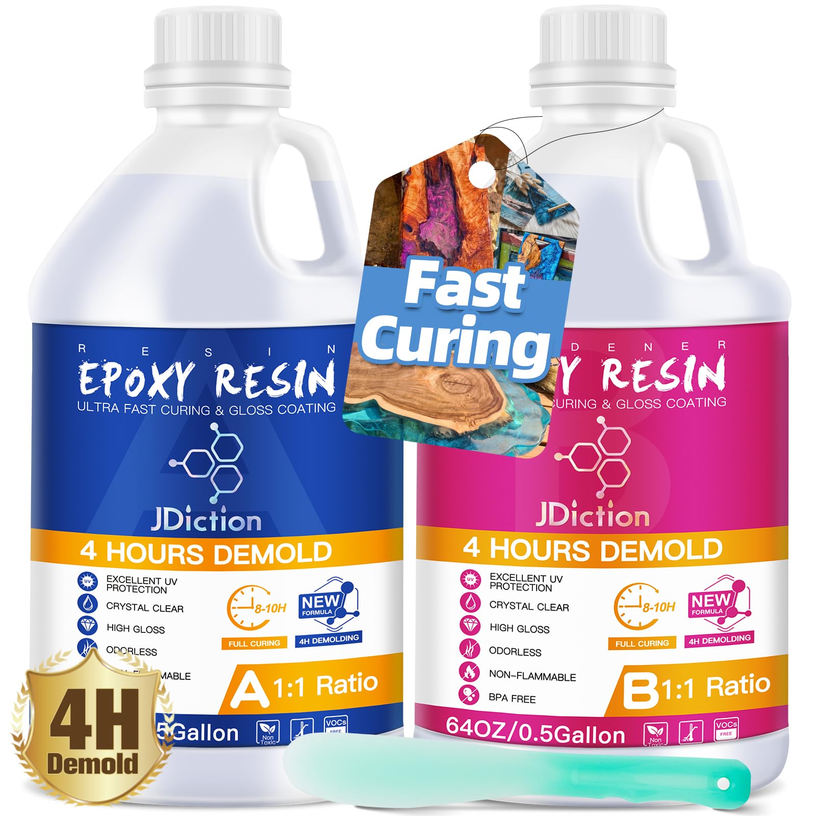 JDiction Fast Curing Epoxy Resin, 1gallon/3.8L 4H Demold Epoxy Resin Kit -Crystal Clear, Bubble-Free, Not-Yellowing, Self-Leveling for Art Resina, Jewelry, Craft, Fast Casting & Easy Mix Epoxy Resina — image 1