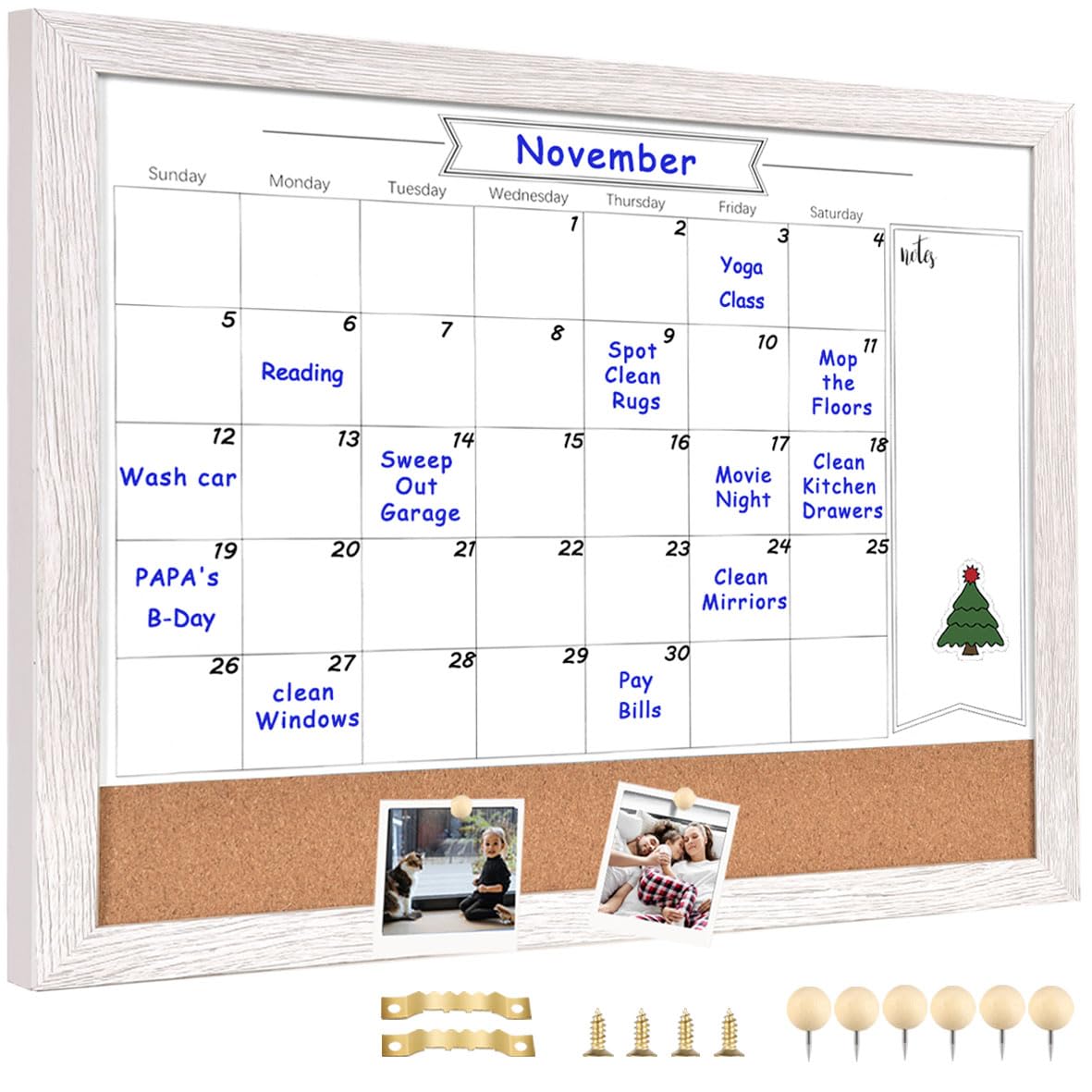 Umtiti Monthly Calendar Dry Erase White Board & Cork Bulletin Board，13" x 17" Brown Wood Frame，Magnetic Surface Whiteboard.Perfect for Organizing Your Space.Whiteboard+Cork-3442A-WH
