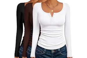Ekouaer Womens Long Sleeve Henley Tops 3 Packs Slim Fitted Basic Shirts Tight Thermal Undershirts