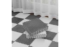 16 Pcs Plush Puzzle Foam Floor Mat Square Interlocking Fluffy Tiles with Border Play Mat Puzzle Flooring Tiles Soft Climbing 