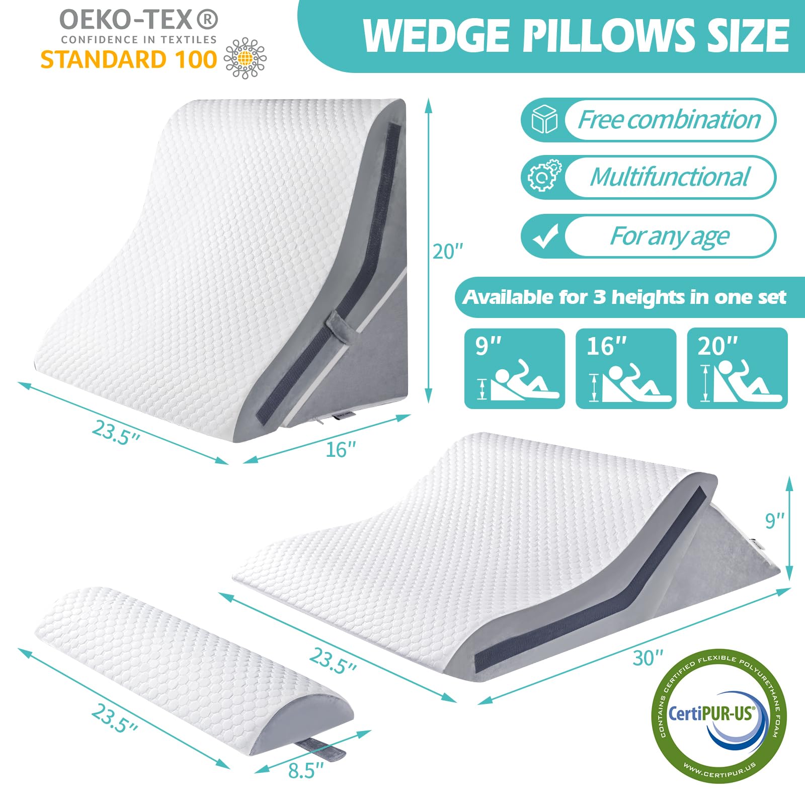 Wedge Pillow for Sleeping, Orthopedic Bed Wedge Pillow Set, 15-in-1 Adjustable Memory Foam Wedge Pillow Post Surgery, 9 &16 & 20 inches Height 3-in-1 Incline Pillows Wedges for Back Pain/Acid Reflux