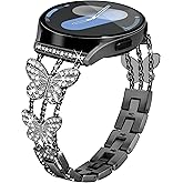 Aniaboho Compatible for Samsung Galaxy Watch 7 6 5 4 FE Band 40mm 44mm, Women Diamond Butterfly Metal 20mm Watch Band for Samsung Watch Bands 7 6 5 4 FE/5 Pro/Watch 6 4 Classic/Watch 3 41mm/Active 2 (Black)