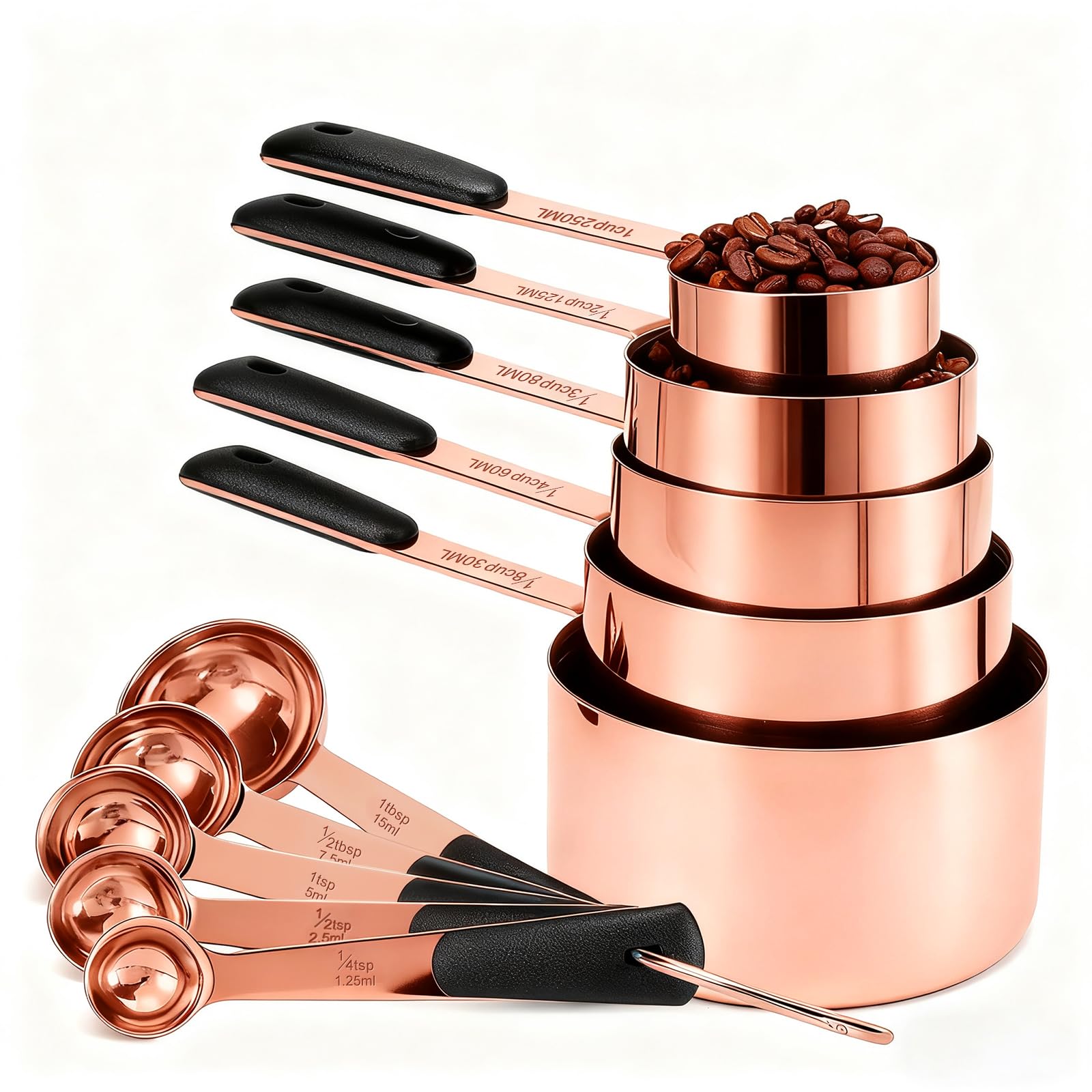 Bopei Measuring Cups and Spoons Set, Rose Gold Plated Stainless Steel 10 Piece for Cooking and Baking (5 Cups + 5 Spoons RoseGold) Image