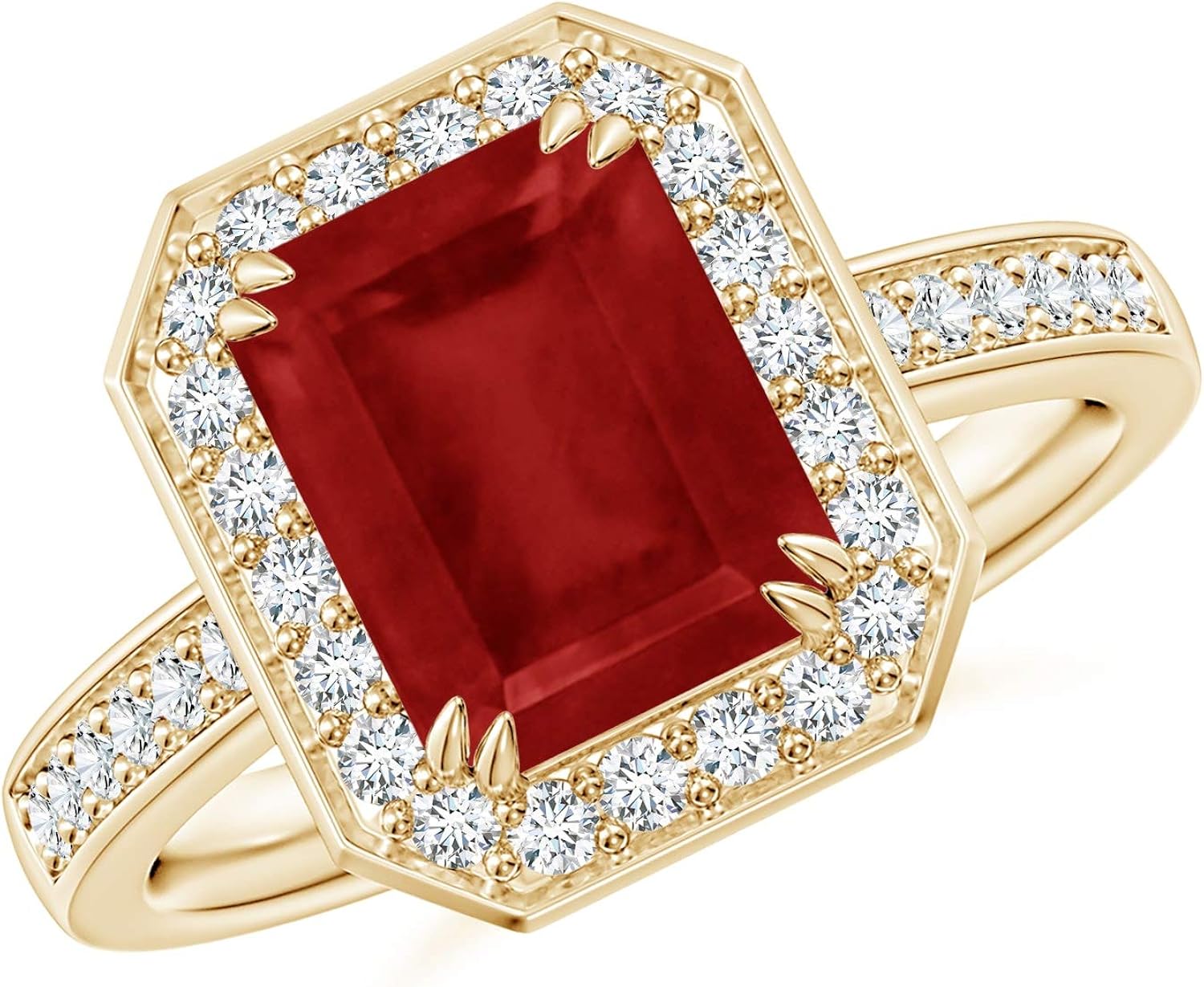 EmeraldCut Ruby Engagement Ring with Diamond Halo in 14K Yellow Gold