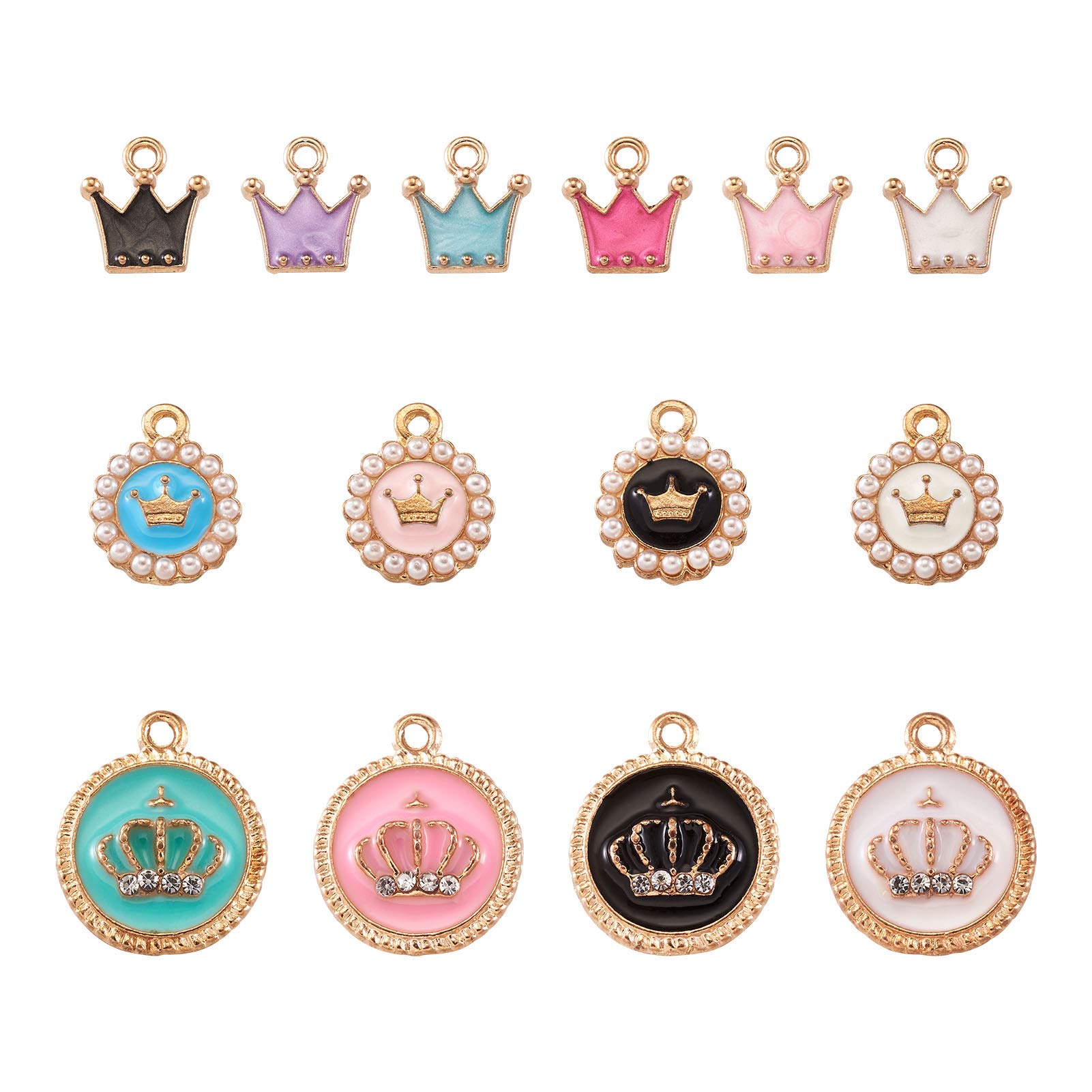 Beadthoven 68pcs Enamel Diamond Crown Charms 3 Styles Gold Plated Aolly Enamel Crown Round Dangle Charms for Earring Necklace Bracelets Jewelry Craft Making, Colorful