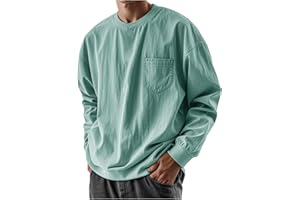 YSERB Long Sleeve Oversized Tshirts for Men Classic Round Neck T-Shirt Crewneck Distressed Washed Tops Sweatshirt with Pocket