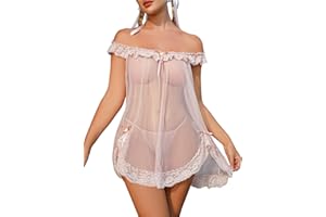 OYOANGLE Women's 2 Piece Mesh Sheer Floral Lace Babydoll Slip Dress Nightgowns and Thong Lingerie Set