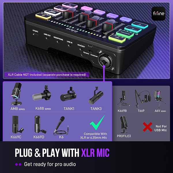 FIFINE GAMING AUDIO MIXER, STREAMING RGB PC MIXER WITH XLR MICROPHONE INTERFACE, INDIVIDUAL CONTROL, VOLUME FADER, MUTE BUTTON, 48V PHANTOM POWER, FOR PODCAST/RECORDING/VOCAL/GAME VOICE-AMPLIGAME SC3