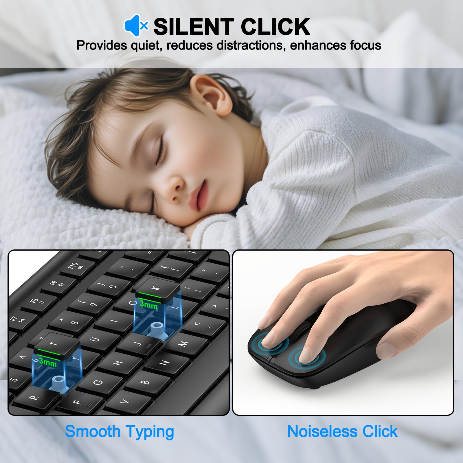 Wireless Keyboard and Mouse Combo, Full Size Silent Ergonomic Keyboard and Mouse, Long Battery Life, Optical Mouse, 2.4G Lag-Free Cordless Mice Keyboard for Computer, Mac, Laptop, PC, Windows