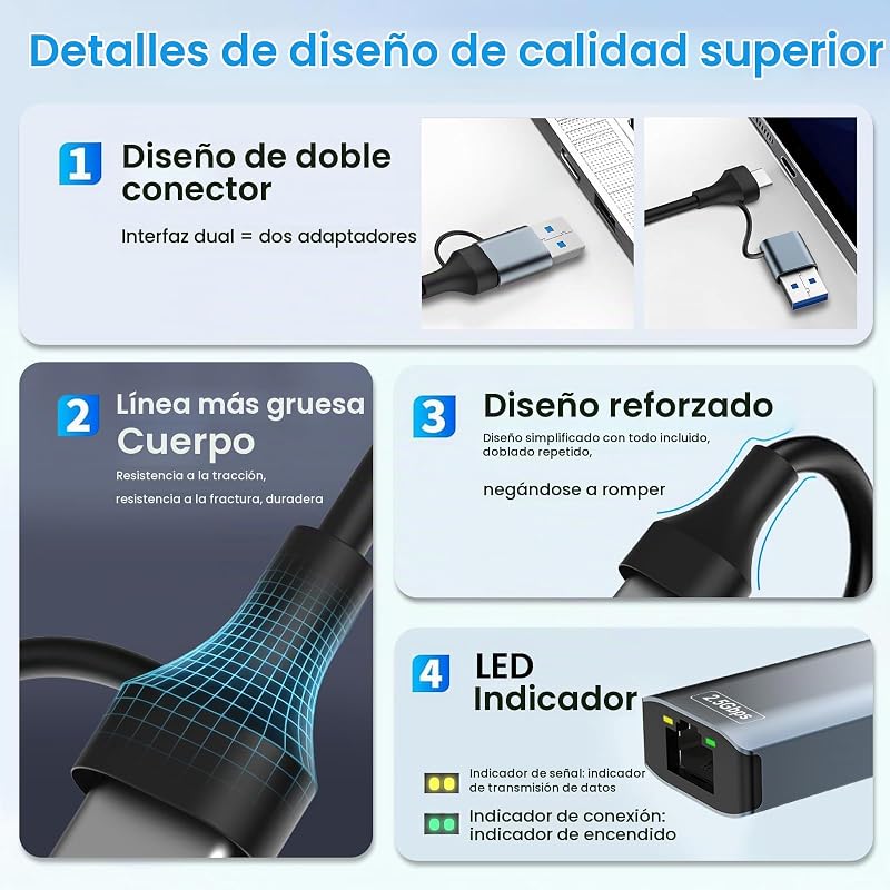 Adaptador USB C a Ethernet 2500Mbps,2 en 1 Adaptador USB Ethernet RJ45 2.5Gbps,adaptador ethernet,USb c eTHer net,eTherNet Usb c,aDaptador ether Net a USb c Compatible con Windows,Mac,IOS,Linux,Chrome — foto 4 de 6
