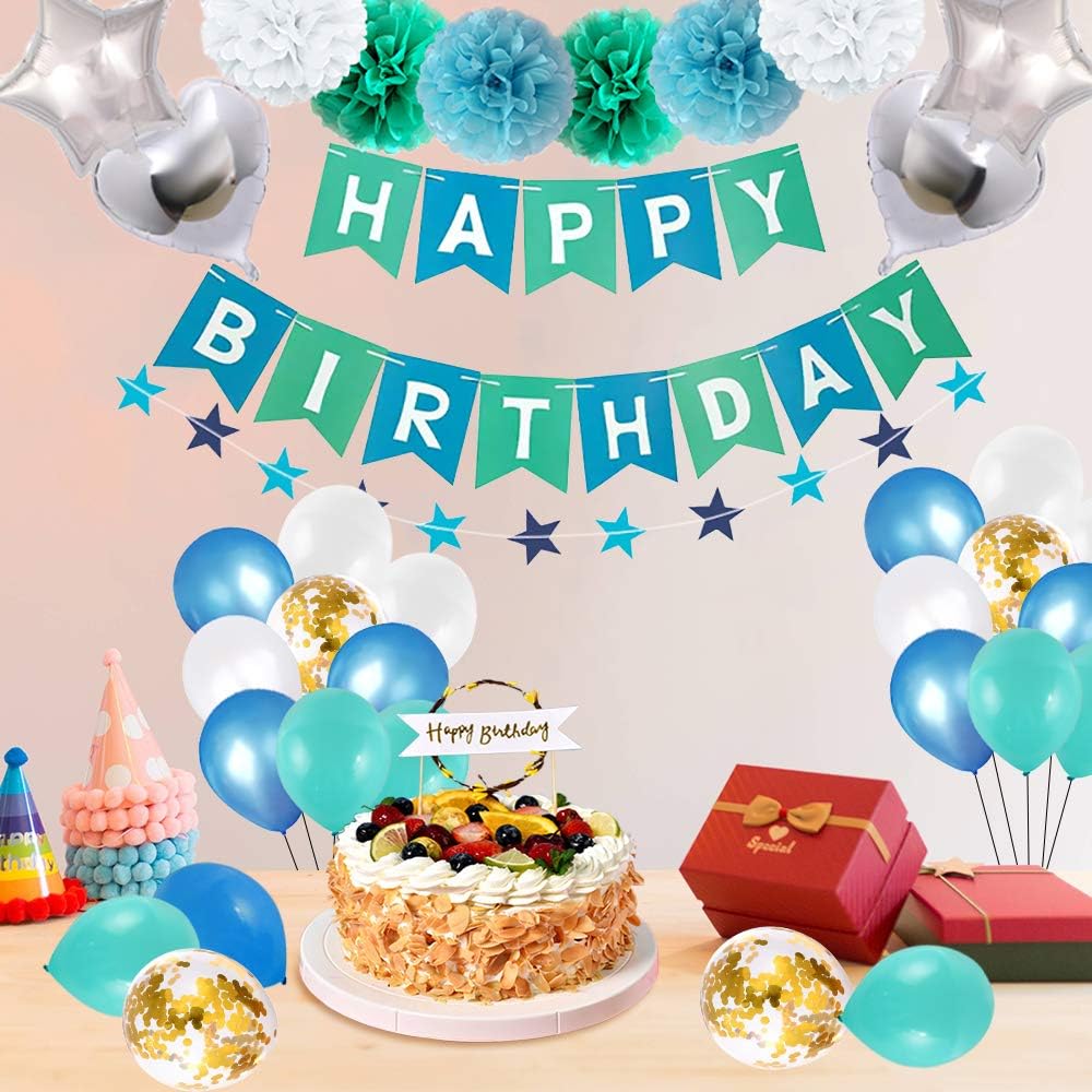 Pom Poms En Papier Pour Decoration De Fete Chaobai Decorations Anniversaire Pour Homme Femme Anniversaire Banniere Decoration Fete 68pcs En Happy Birthday Banderole Avec Des Ballons En Latex Bleu Loisirs Creatifs Cuisine