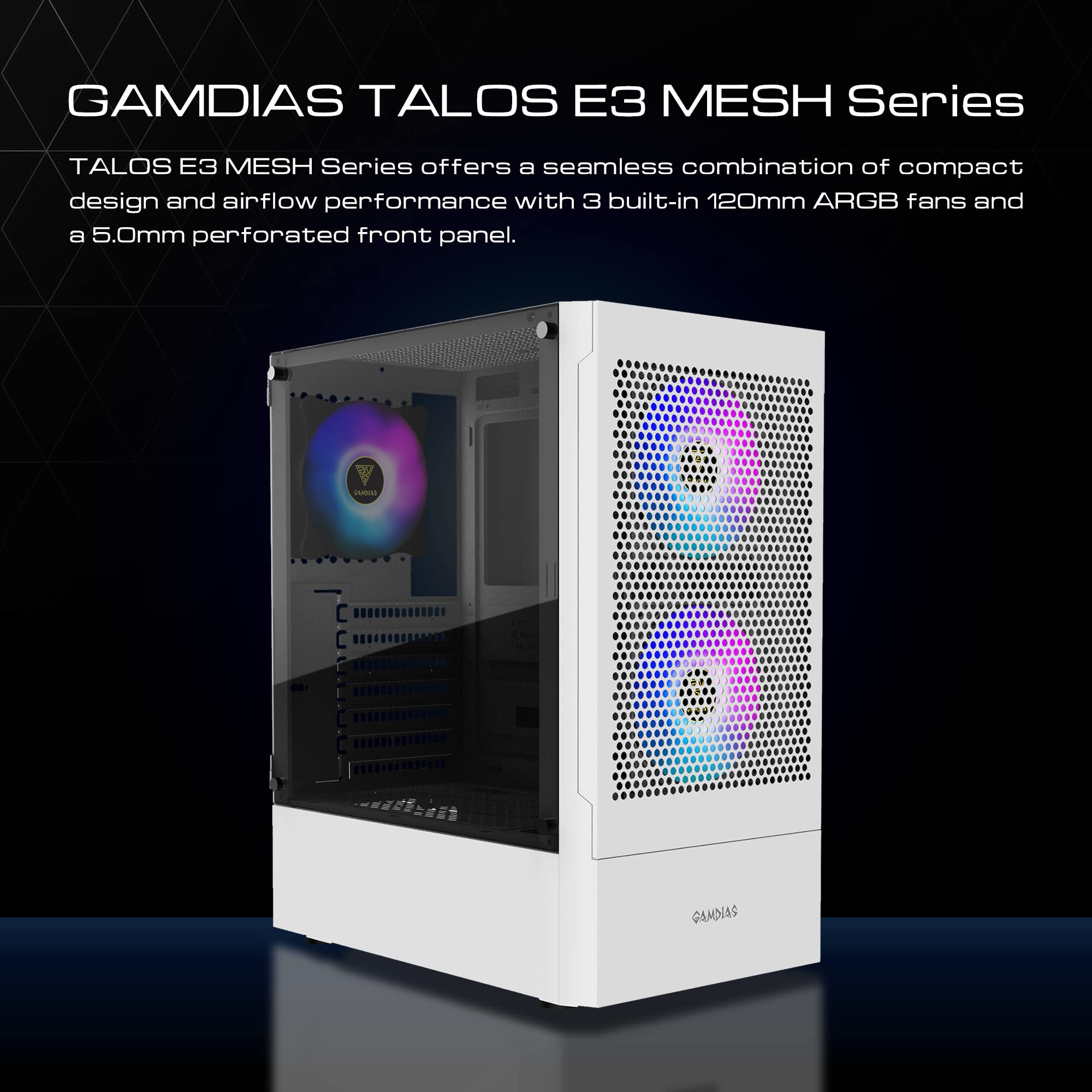 Gamdias Talos E3 Mesh Wh Gaming Pc Case, Mid-Tower Atx Case With Side Tempered Glass Panel And A Magnetic Dust Filter &Amp; 3 Built-In 120Mm Argb Fans, Tool-Free Installation, Mesh Front Panel - View 2