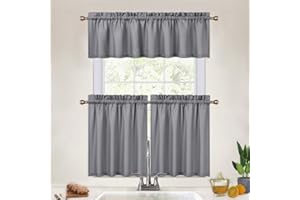 CAROMIO Cafe Curtains 24 Inch Length with Valance, 3 Pcs Waffle Weave Kitchen Tier Curtains and Valance Set Bathroom Window Curtains Short, Grey